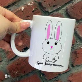 Hediyeci Abla Size Özel Sevimli Tavşan Seramik Baskılı Beyaz Kupa Bardak