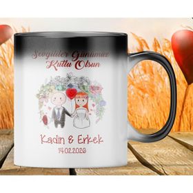 Hediyeci Market HMK-00053 Kişiye Özel Sevgililer Günü Temalı Sihirli Siyah Beyaz Kupa Bardak