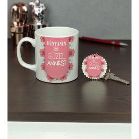 Hediyelen Dünyanın En Güzel Annesi Kupa Bardak ve Anahtarlık Set