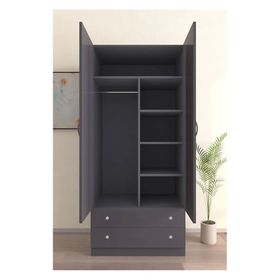 Hediyeler Kapında 2 Kapaklı Bamboo 5 Raflı 2 Çekmeceli Askılı Antrasit Gardırop