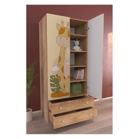 Hediyeler Kapında 2 Kapaklı Cute Giraffe 5 Raflı 2 Çekmeceli Askılı Ahşap Gardırop