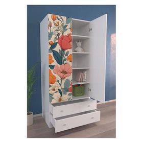 Hediyeler Kapında 2 Kapaklı Flower Burst 5 Raflı 2 Çekmeceli Askılı Beyaz Gardırop
