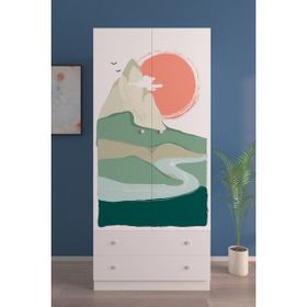 Hediyeler Kapında 2 Kapaklı Sunset 5 Raflı 2 Çekmeceli Askılı Beyaz Gardırop