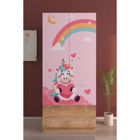 Hediyeler Kapında 2 Kapaklı Unicorn Dreams 5 Raflı 2 Çekmeceli Askılı Ahşap Gardırop