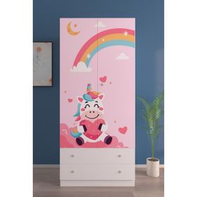 Hediyeler Kapında 2 Kapaklı Unicorn Dreams 5 Raflı 2 Çekmeceli Askılı Beyaz Gardırop