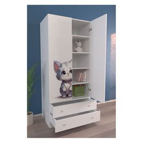 Hediyeler Kapında Beyaz 2 Kapaklı LONELY CAT 5 Raflı 2 Çekmeceli Askılı Gardırop