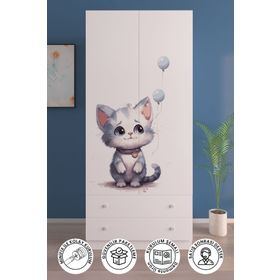 Hediyeler Kapında Beyaz 2 Kapaklı LONELY CAT 5 Raflı 2 Çekmeceli Askılı Gardırop