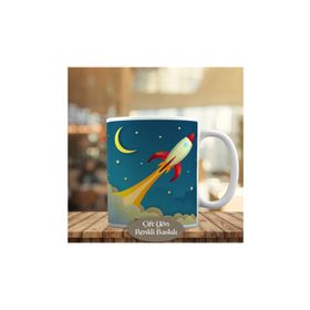 HEDIYELIK-0198 Hilal Ay ve Yıldızlı Gökyüzünde Roket Kupa Bardak