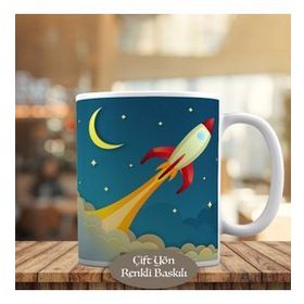 HEDIYELIK-0198 Hilal Ay ve Yıldızlı Gökyüzünde Roket Kupa Bardak