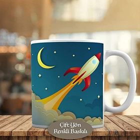 HEDIYELIK-0198 Hilal Ay ve Yıldızlı Gökyüzünde Roket Kupa Bardak