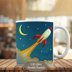 HEDIYELIK-0198 Hilal Ay ve Yıldızlı Gökyüzünde Roket Kupa Bardak