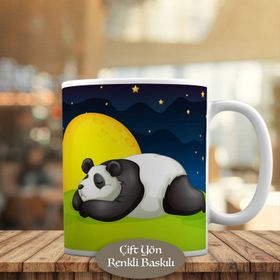 HEDIYELIK-16411 Gece Dolunay Manzarası ve Panda Kupa Bardak