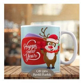 HEDIYELIK-16678 Happy New Year Şapkalı Geyik Baskılı Kupa Bardak