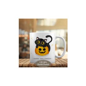 HEDIYELIK-319 Halloween Gülümseyen Gri Kedi Baskılı Kupa Bardak