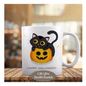 HEDIYELIK-319 Halloween Gülümseyen Gri Kedi Baskılı Kupa Bardak