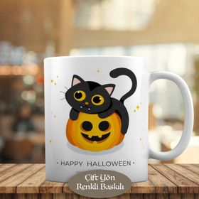 HEDIYELIK-319 Halloween Gülümseyen Gri Kedi Baskılı Kupa Bardak