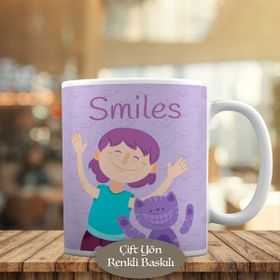HEDIYELIK-341 Gülümseyen Mor Saçlı Kız ve Kedisi Kupa Bardak