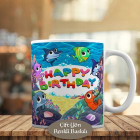 HEDIYELIK-467 Happy Birthday Yazılı Renkli Balıklı Kupa Bardak