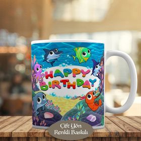 HEDIYELIK-467 Happy Birthday Yazılı Renkli Balıklı Kupa Bardak