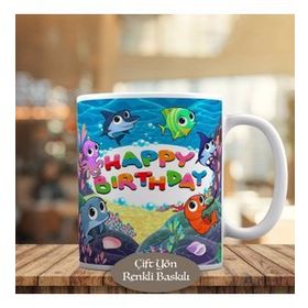 HEDIYELIK-467 Happy Birthday Yazılı Renkli Balıklı Kupa Bardak