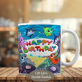HEDIYELIK-467 Happy Birthday Yazılı Renkli Balıklı Kupa Bardak