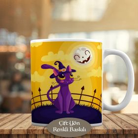 HEDIYELIK-570 Gülümseyen Dolunay Şapkalı Kedi Halloween Kupa Bardak