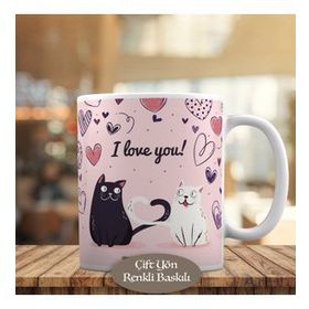 HEDIYELIK-597 I Love You Kalpli Romantik Kediler Kupa Bardak