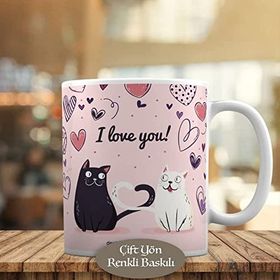 HEDIYELIK-597 I Love You Kalpli Romantik Kediler Kupa Bardak