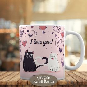HEDIYELIK-597 I Love You Kalpli Romantik Kediler Kupa Bardak