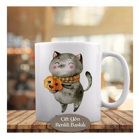 HEDIYELIK-6403 Gülünseyen Bal Kabağıve Kedi Halloween Kupa Bardak