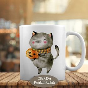 HEDIYELIK-6403 Gülünseyen Bal Kabağıve Kedi Halloween Kupa Bardak