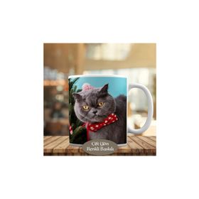 HEDIYELIK-64755 Kırmızı Papyonlu Sevimli Scottish Kedi Kupa Bardak