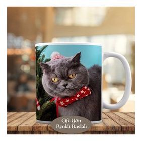 HEDIYELIK-64755 Kırmızı Papyonlu Sevimli Scottish Kedi Kupa Bardak