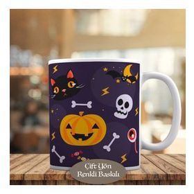 HEDIYELIK-66 Halloween Bal Kabağı ve Kurukafa Baskılı Kupa Bardak