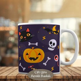 HEDIYELIK-66 Halloween Bal Kabağı ve Kurukafa Baskılı Kupa Bardak