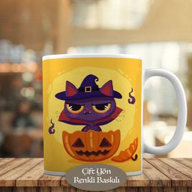 HEDIYELIK-682 Halloween Şapkalı Sevimli Kedicik Kupa Bardak