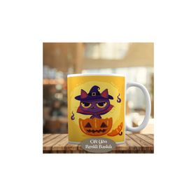 HEDIYELIK-682 Halloween Şapkalı Sevimli Kedicik Kupa Bardak