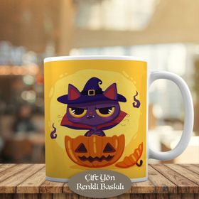 HEDIYELIK-682 Halloween Şapkalı Sevimli Kedicik Kupa Bardak