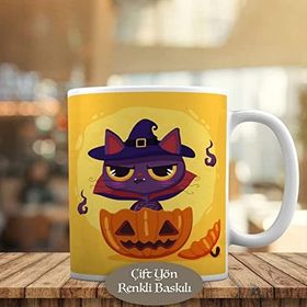 HEDIYELIK-682 Halloween Şapkalı Sevimli Kedicik Kupa Bardak