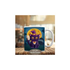 HEDIYELIK-69 Dolunay ve Cadı Şapkalı Kedi Halloween Kupa Bardak