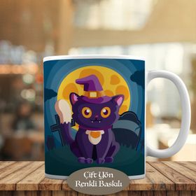 HEDIYELIK-69 Dolunay ve Cadı Şapkalı Kedi Halloween Kupa Bardak