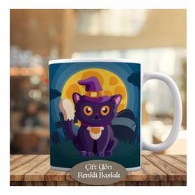 HEDIYELIK-69 Dolunay ve Cadı Şapkalı Kedi Halloween Kupa Bardak