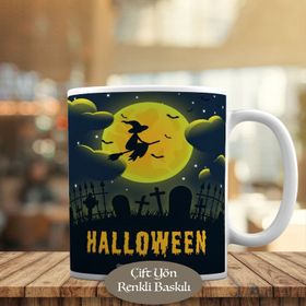 HEDIYELIK-747 Halloween Süpürgeyle Uçan Cadı Baskılı Kupa Bardak