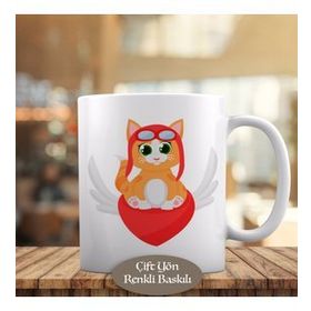 HEDIYELIK-74855-134 Kanatlı Kalp Üstünde Kedi Kupa Bardak