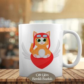 HEDIYELIK-74855-134 Kanatlı Kalp Üstünde Kedi Kupa Bardak