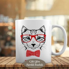 HEDIYELIK-798 Kırmızı Gözlüklü ve Papyonlu Kedi Kupa Bardak