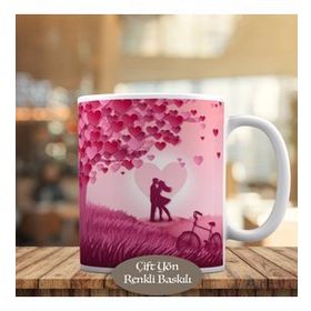 HEDIYELIK-8284 Kalp Yapraklı Ağaç ve Romantik Çift Kupa Bardak