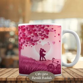 HEDIYELIK-8284 Kalp Yapraklı Ağaç ve Romantik Çift Kupa Bardak
