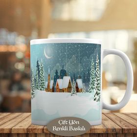 HEDIYELIK-835 Karlı Mevsimde Ahşap Dağ Evi Manzarası Kupa Bardak