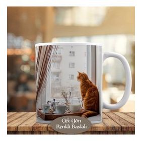 HEDIYELIK-9725 Cam Kenarında Sarı Kedicik Yazılı Kupa Bardak